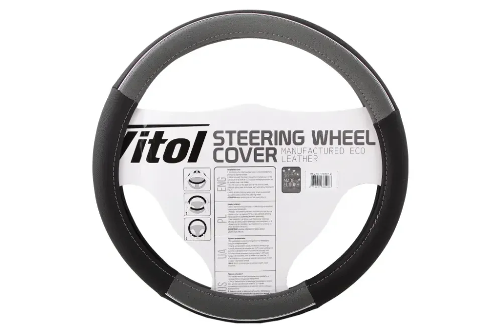 Оплітка на кермо M без запаху Vitol F-17003GY-M чорний/серий з хром. вставкою Вінниця - фото 2