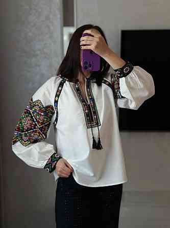 Женская современная вышиванка с завязками и кисточками 80% хлопок, 20% полиэстер 46 Одесса