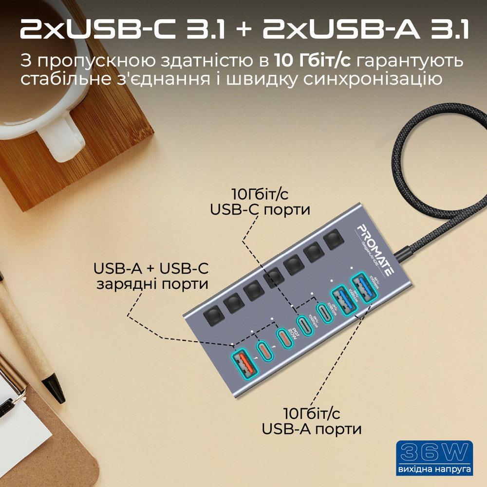 Концентратор USB Type-C Promate Gegahub-10G 7 in 1 Grey (gegahub-10g) ( Сірий ) Харьков - изображение 2