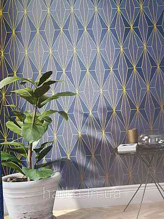 Шпалери вінілові на флізелін Marburg 82176 Giulia геометрія фігури ромби сині смуги золотисті 3д Київ