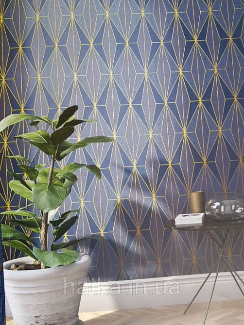 Шпалери вінілові на флізелін Marburg 82176 Giulia геометрія фігури ромби сині смуги золотисті 3д Київ - фото 1