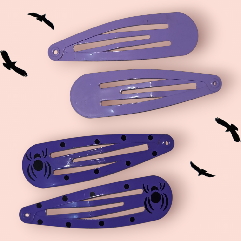 Набор 2 заколки с принтом паук и 2 заколки без принта для волос на Хэллоуин фиолетовый Киев - изображение 1