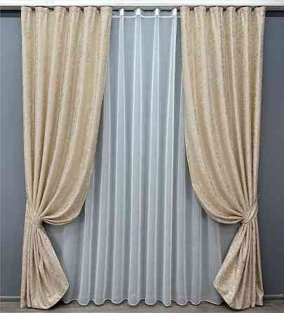 Комплект штор VR-Textil Лен Мрамор 200х270 2шт и Тюль 500х270 1713ш-1276т Айвори с белым 71-010/6 Киев