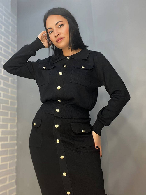 Костюм жіночий De Red 8672 кардиган з комірцем та довга спідницею золоті гудзики one size чорний , ч Одеса - фото 10