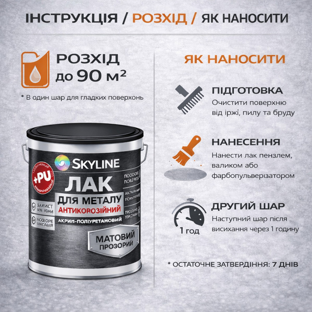 Лак для металу Skyline матовий прозорий акрил-поліуретановий антикорозійний без запаху 10 л Харків - фото 7
