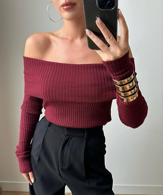 Жіночий романтичний топ зі спущеними плечима турецький широкий рубчик мустанг Бордо Одеса - фото 1