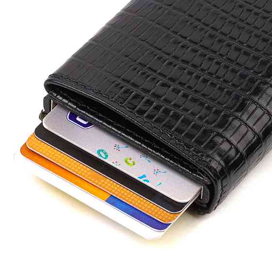 Фактурный картхолдер унисекс в три сложения с автоматическим механизмом из натуральной кожи с тиснением CANPELLINI 21931 Черный Киев