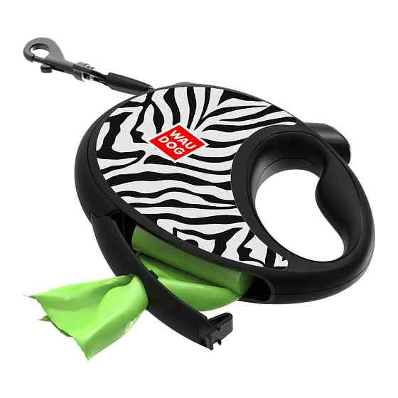 Повідець-рулетка для собак WAUDOG R-leash з контейнером для пакетів, малюнок "Зебра", світловідбивна стрічка, L, до 40 кг, 5 м Київ