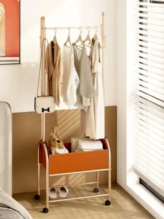 Вішалка для одягу підлогова з полицею для взуття висота 184 см пересувна, металева, колір золотистий Кам'янець-Подільський