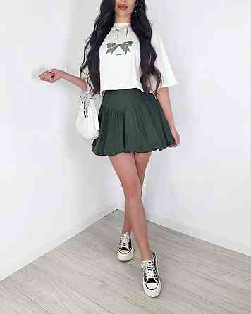 Женский летний романтичный костюм двойка: футболка и юбка турецкий кулир + коттон Хаки, 46/48 Одесса