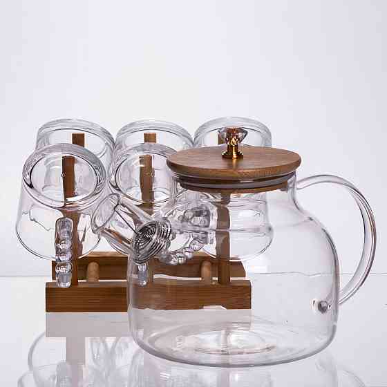 Чайный сервиз из толстого стекла 8 предметов с бамбуковой подставкой для чашек 64486-23 Киев