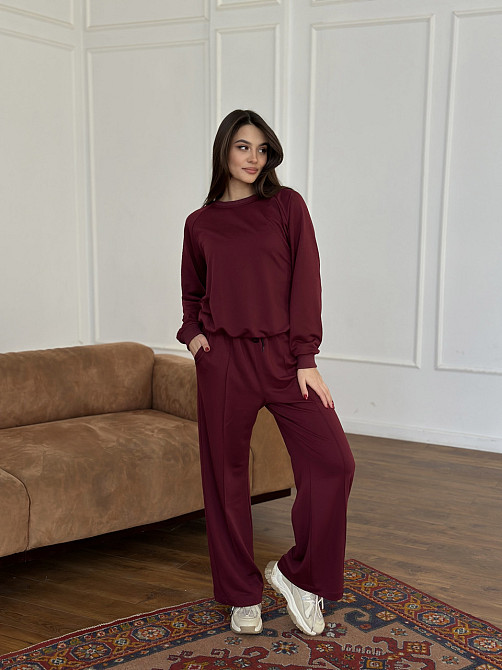 Женский спортивный костюм с широкими штанами Бордовый M/L Харьков - изображение 2