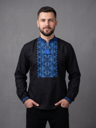 Черная мужская вышиванка из домотканого полотна с ярким орнаментом Киев