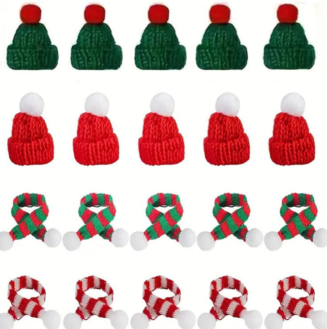 Набір із 12 мініатюрних в'язаних шапок та шарфів на Різдво - червоні та зелені, для рукоділля, прикр Київ - фото 1