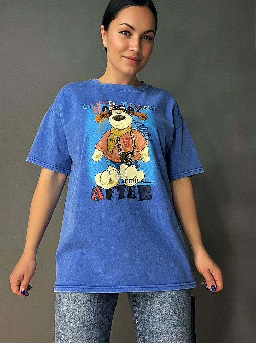 Футболка жіноча YIGOU 74 тай дай оверсайз з принтом собака, синій, one size Київ - фото 9