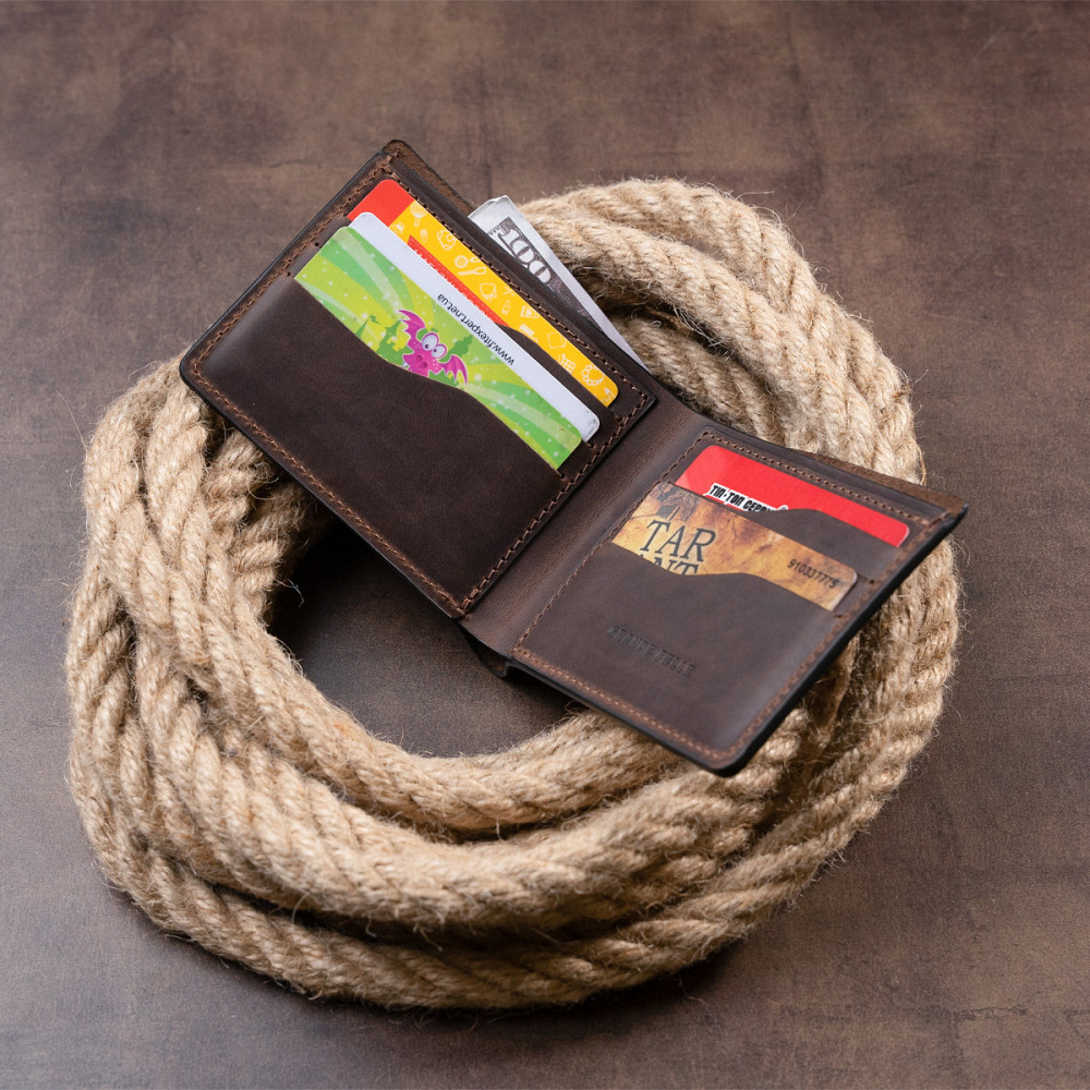 Тонкое горизонтальное портмоне Cardi без застежки в винтажной коже GRANDE PELLE 11310 Коричневое Киев - изображение 2