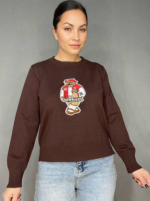 Светр жіночий A-N 2609 з нашивкою ведмедика оверсайз базовий one size, коричневий, one size Київ - фото 1