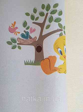 Обои виниловые на флизелине AdaWall Ada Kids метровые детские цыпленок бабочки птицы сердечки цветы на желтом Киев