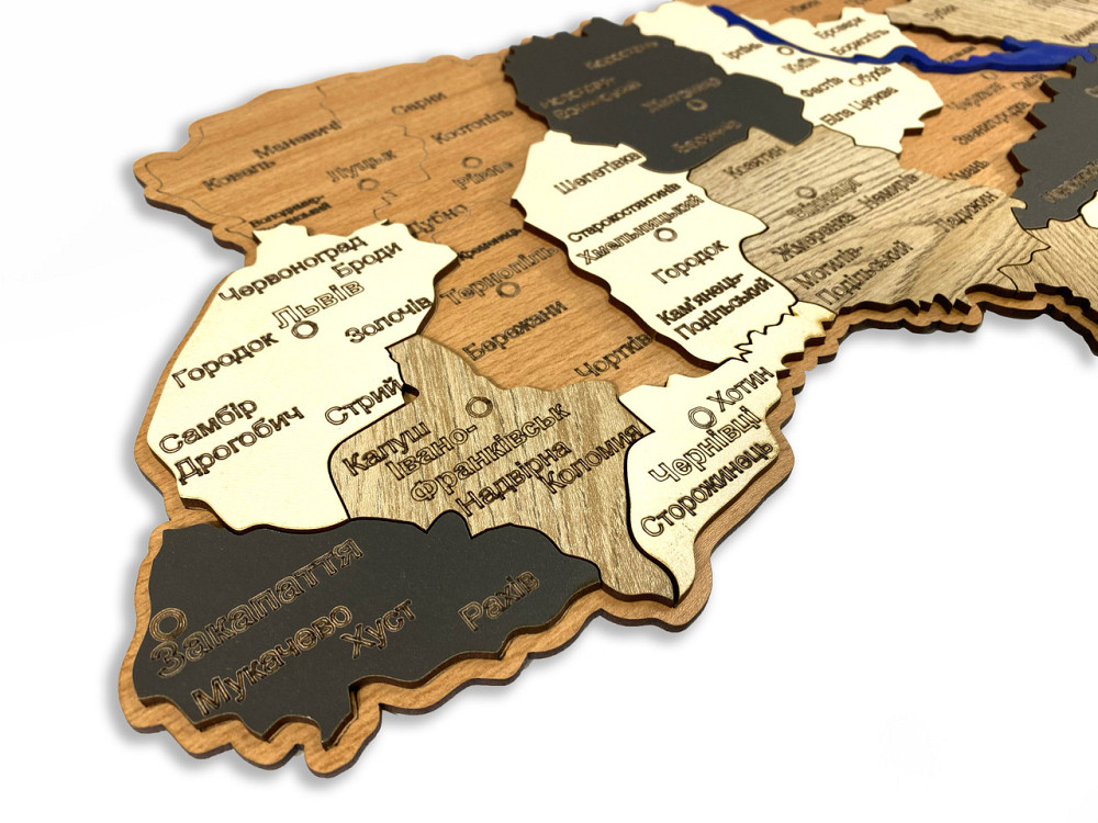 Мапа України з натурального дерева на стіну 74х50 см, велика карта України Кам'янець-Подільський - фото 2