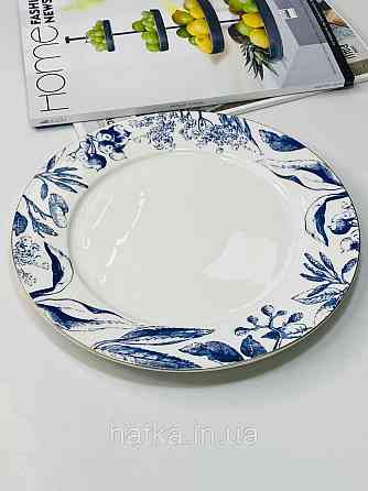 Тарілка порцеляна Olens "Братислава" 25 см кругла біла із синім золотим обідком кругла для дому та ресторану Київ