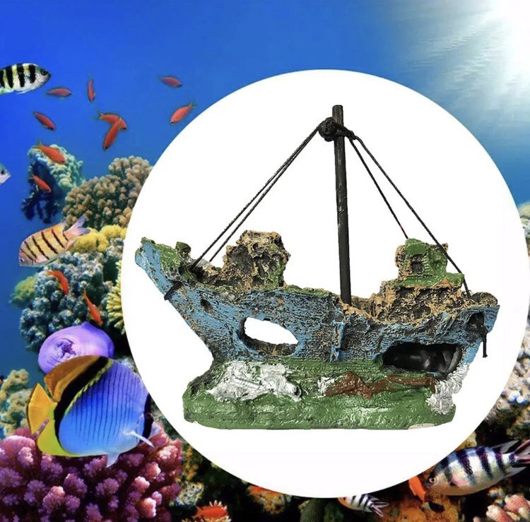 Декор для акваріума "Затонувший кораблик" - розмір 15*13*6 см, смола, акваріумний декор Київ - фото 2