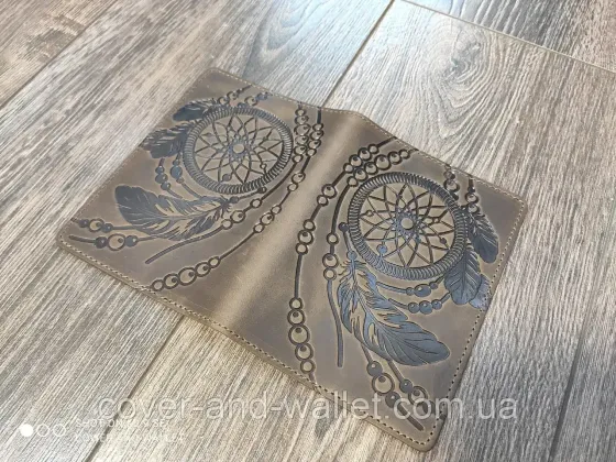 Вінтажна шкіряна обкладинка на паспорт з тисненням Ловця Снов (dreamcatcher) SHVIGEL коричневий Київ