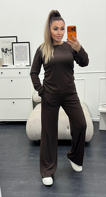 Женский базовый костюм двойка: лонгслив и штаны трикотажный рубчик Шоколадный, 46/48 Одесса - изображение 7