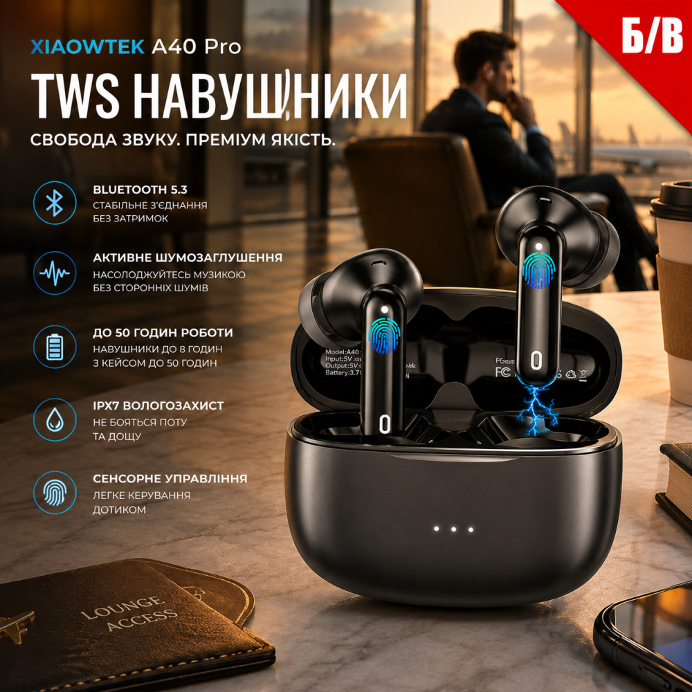 Б/У Беспроводные наушники XIAOWTEK A40 Pro Black — Bluetooth 5.3 TWS наушники-вкладыши с шумоподавлением, до 50 часов воспро Киев - изображение 1