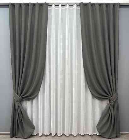 Комплект штор VR-Textil Льон Мішковина 150х270 2шт і Тюль 600х270 1282ш-115т Сірий з білим 71-027/5 Київ