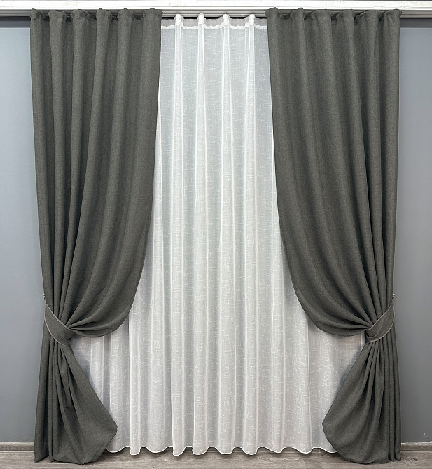 Комплект штор VR-Textil Лен Мешковина 150х270 2шт и Тюль 600х270 1282ш-115т Серый с белым 71-027/5 Киев - изображение 1