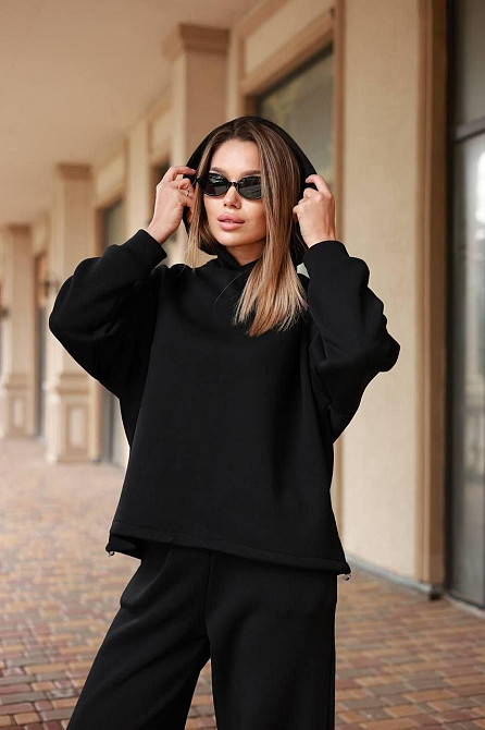 Костюм oversize турецкая трехнить на флисе, худые и широкие брюки, черный, размер 42/46 Лубны - изображение 8