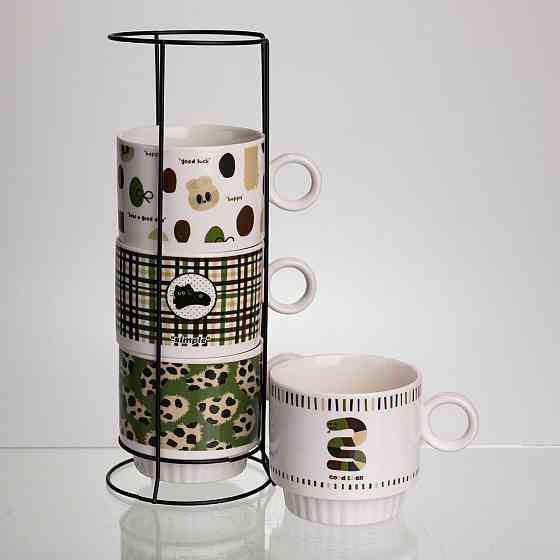 Набір чашок для чаю та кави на металевій підставці Lucky 4 (шт) по 300 (мл) подарунковий набір порцелянових чашок FM-16 Коломия