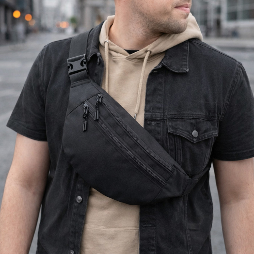 Мужская/женская бананка с Cordura 1000D, черная, 3 отделения, водоотталкивающая OD-78 Львов - изображение 18