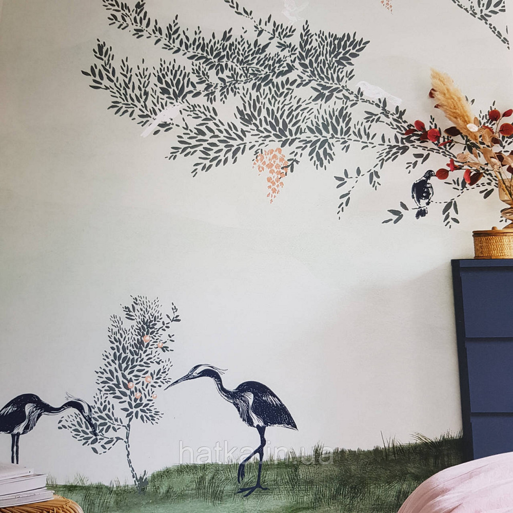 Шпалери вінілові на флізелін Caselio The Place to bed 200 x 280 см панно дерева птахи чорні сірки на Київ - фото 1