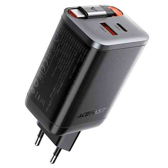 Мережевий зарядний пристрій ACEFAST A111 PD67W GaN charger(2*USB-C+USB-A) with retractable cable Black Одеса
