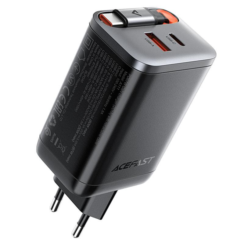 Мережевий зарядний пристрій ACEFAST A111 PD67W GaN charger(2*USB-C+USB-A) with retractable cable Black Одеса - фото 1