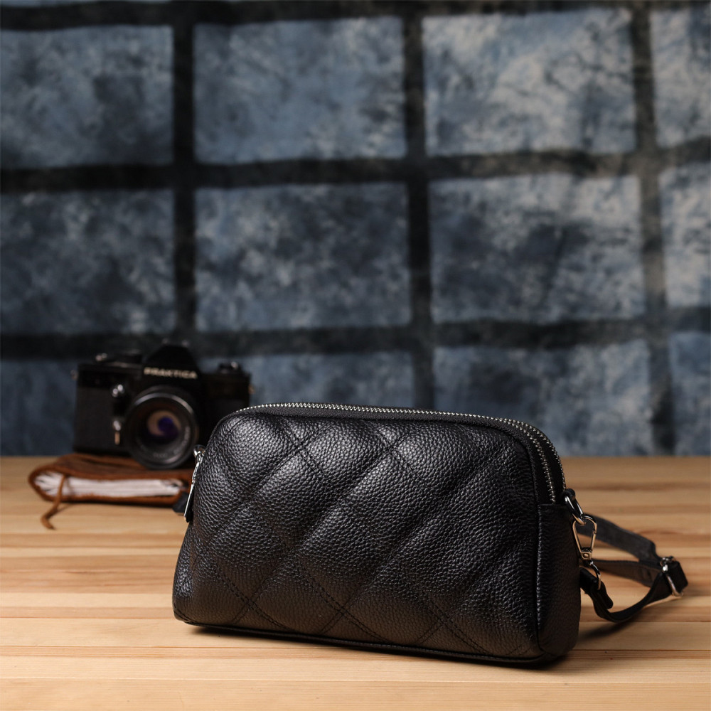 Женская сумка прошитая ромбами из натуральной кожи Vintage 22930 Черный Киев - изображение 9