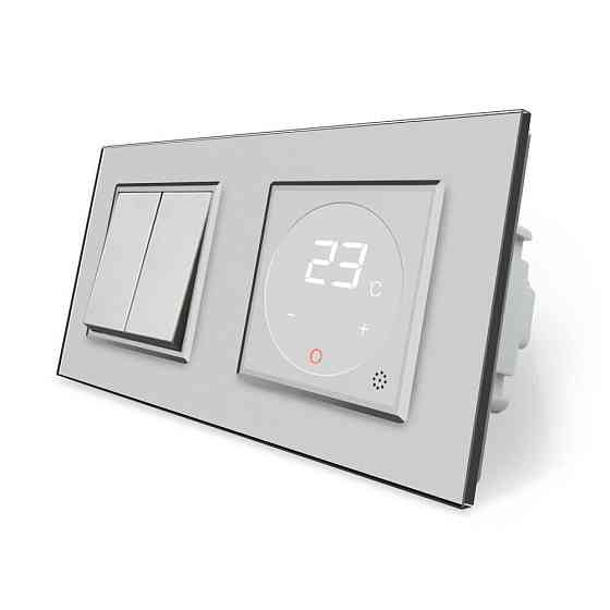Комбінований 2-клавішний вимикач та терморегулятор (термостат) програмований для електричної теплої підлоги LIVOLO, сірий скляний, в одній рамці (VL-C Коломия