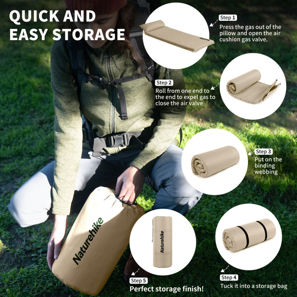 Матрац з подушкою ортопедичний одномісний  Naturehike CNK2450WS020, самонадувний, 200х63х10 см, бежевий Київ - фото 5