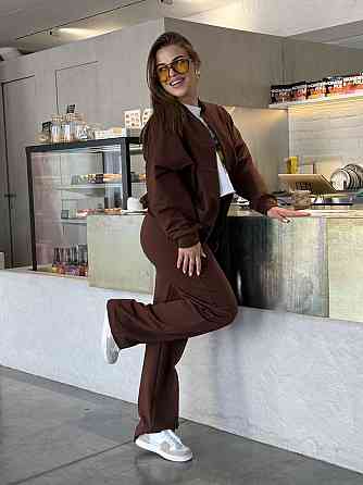 Женский костюм оверсайз с широкими брюками из двунитки Коричневый 46/48 Харьков