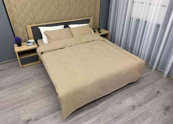 Комплект постельного белья Страйп-сатин Двуспальный 180х220 с простыней на резинке Бежевый (88-161) Киев