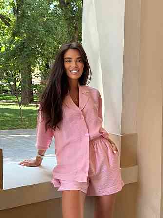 Женский летний базовый костюм двойка: шорты + рубашка свободного кроя лен бохо 46/48, Барби Одесса