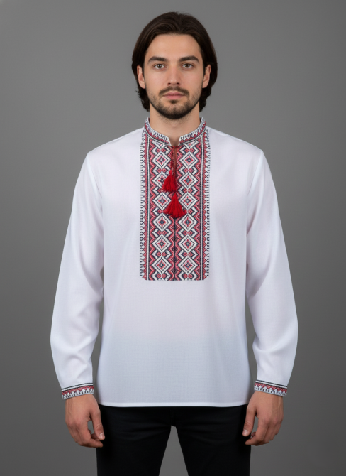 Мужская рубашка-вышиванка в этническом стиле с красным орнаментом. Киев - изображение 1