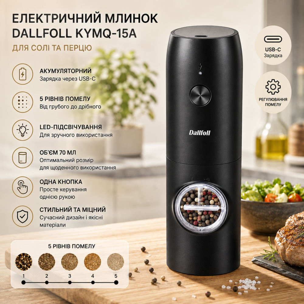 Электрическая мельница для соли и перца Dallfoll KYMQ-15A, аккумуляторная, 5 уровней помола, LED-подсветка, 70 мл, черный Киев - изображение 1