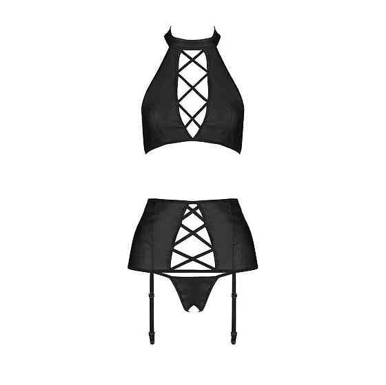Комплект з еко-шкіри імітація шнурівки Passion NANCY SET XXL/XXXL black топ трусики пояс для панчіх Sex Aura Київ