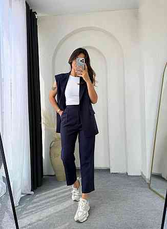 Жіночий базовий брючний костюм-двійка: жилет і штани креп костюмка Синій, 42/44 Одеса