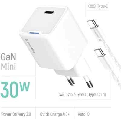 Зарядний пристрій ColorWay GaN Mini 30W PD Port PPS USB-C white + cable Type-C (CW-CHS054PDC-WT) Вінниця