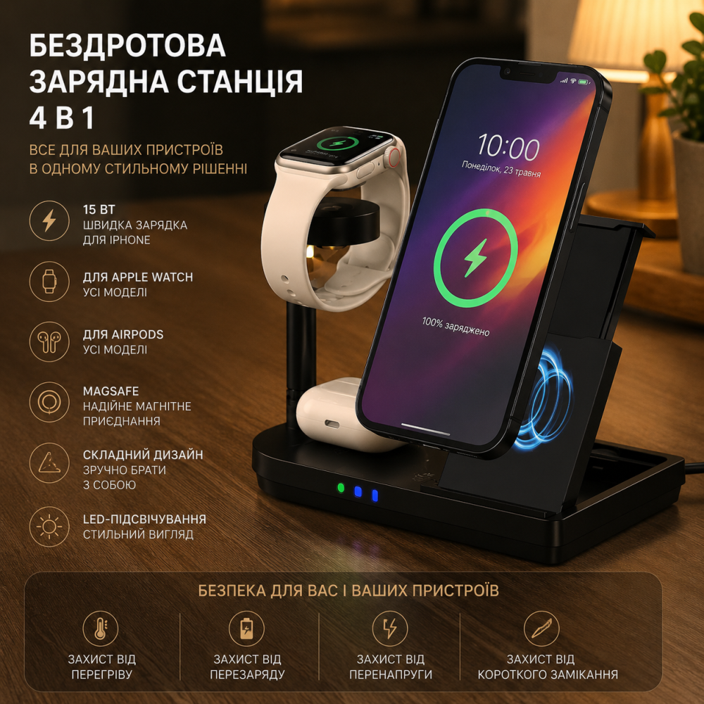 Бездротова зарядна станція 4 в 1 Fast Wireless Charger (15 Вт, MagSafe складний дизайн, LED-підсвічування) для iPhone, Apple Watch Київ - фото 10