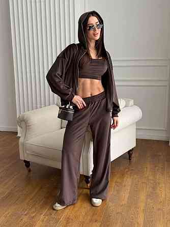 Женский повседневный костюм тройка: кофта, топ и брюки велюр Шоколад, 42/46 Одесса