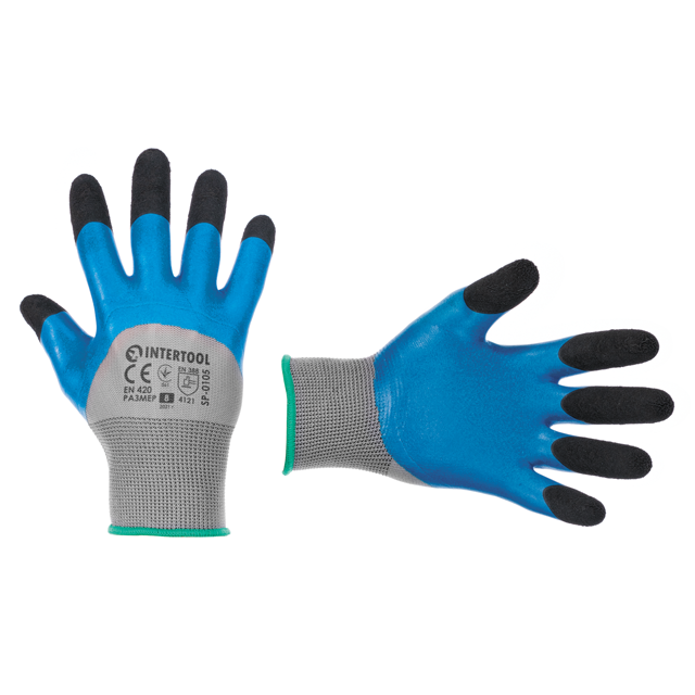 Рукавичка трикотажна з 3/4 покриттям з синього спіненого латексу, синтетична, посилена, покриття пальців: чорний зморшкуватий Київ - фото 1